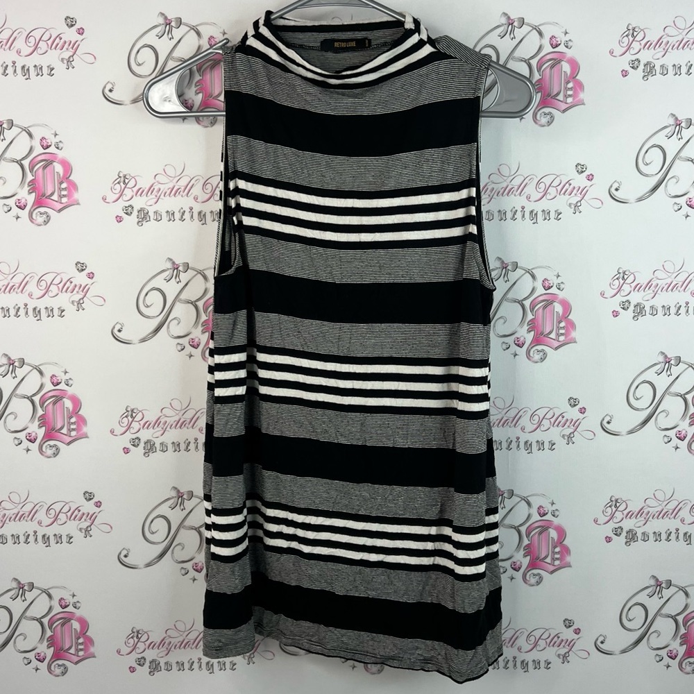 Retro luxe tank top turtleneck stripes white black Striped Sleeveless Top